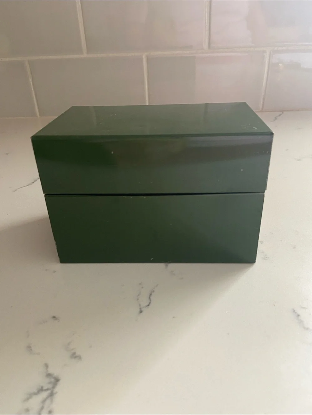 Vintage Green Metal Recipe Box with Dividers and Recipe Cards